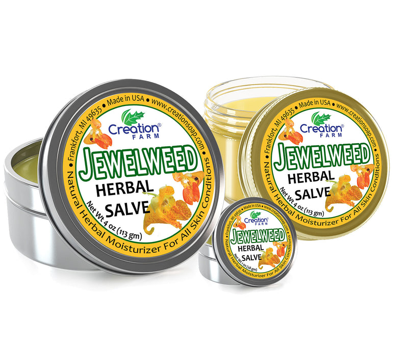 Jewelweed Herbal Salve formerly known as Ancient Healer Salve in metal tins, ideal for soothing insect bites, rashes, and itchy skin conditions.